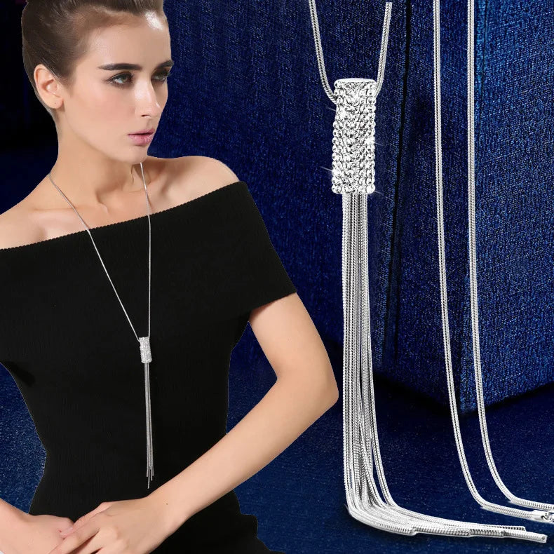 New Rhinestone Cylinder Statement Tassel Long Necklace Women Pendants Fashion Jewelry Sweater Chain Necklaces Gifts