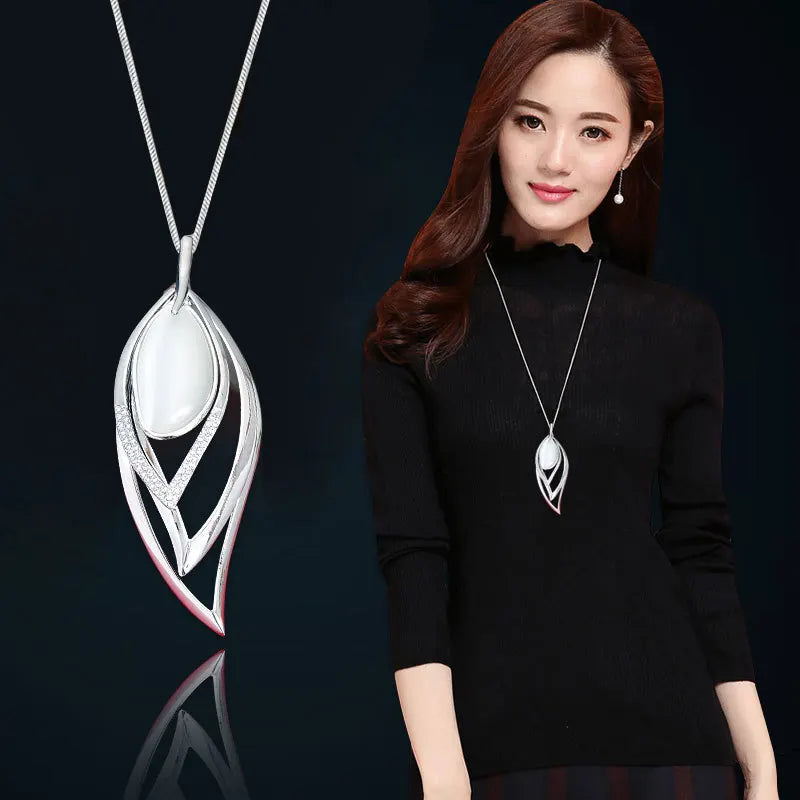 Fashion Opal Multiple Layers of Hollow Leaves Long Chain Necklaces & Pendants for Women Female Collier Femme Party Jewelry