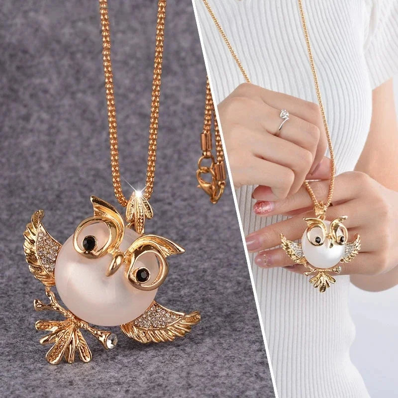 2024 New Fashion Design Sense Opal Cute Owl Pendant Long Necklace Sweater Chain Jewelry for Woman Gifts