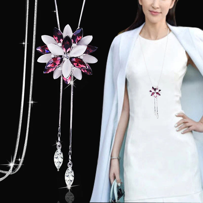 2024 Snowflake Pink Zircon Long Necklace Sweater Chain Crystal Rhinestone Opal Flower Pendant Necklaces Adjustable
