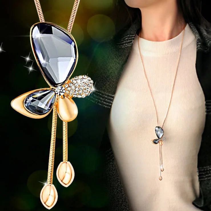 Fashion Crystal Butterfly Long Necklace Women Classic Sweater Chain Necklaces & Pendants Fine Gift
