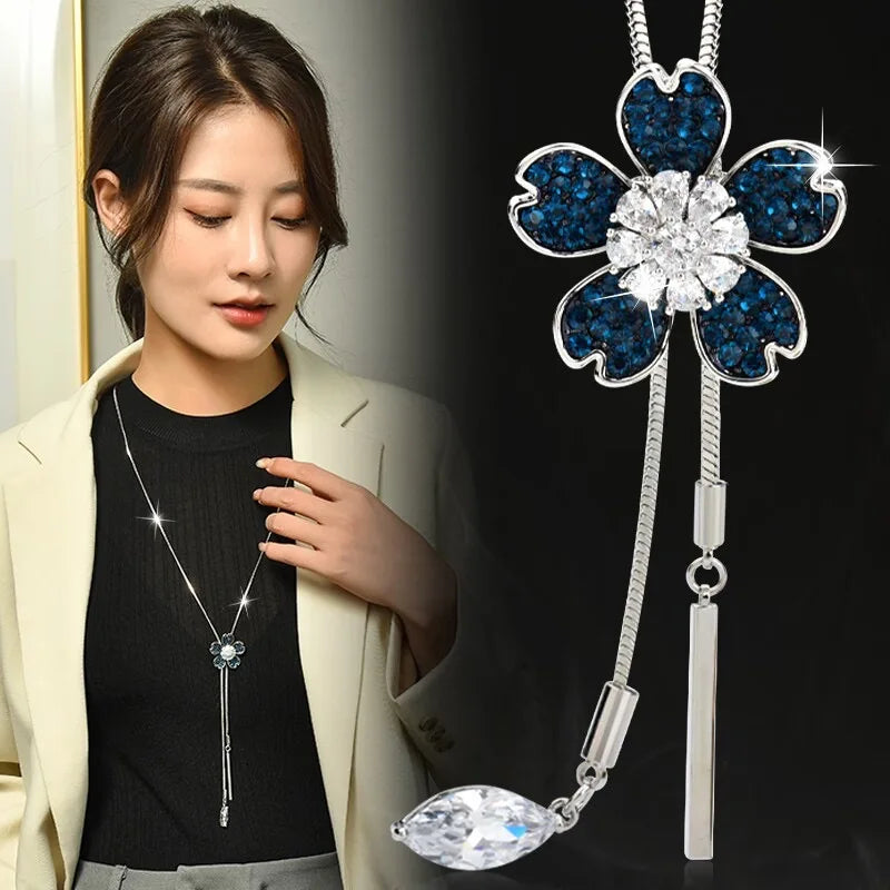 Women Long Necklace Elegant Styles Zircon Flower Pendant Necklace Sweater Chain Party Dress Necklace Jewelry Gift