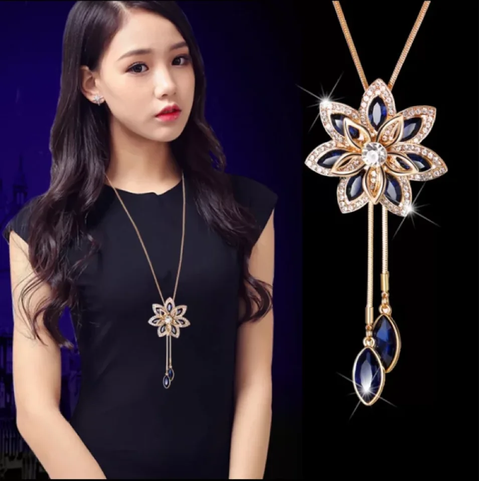 Women Sweater Chain Necklace Gold Color Crystal Geometric Flower Pendant Long Necklaces Jewelry Clothing Accessories