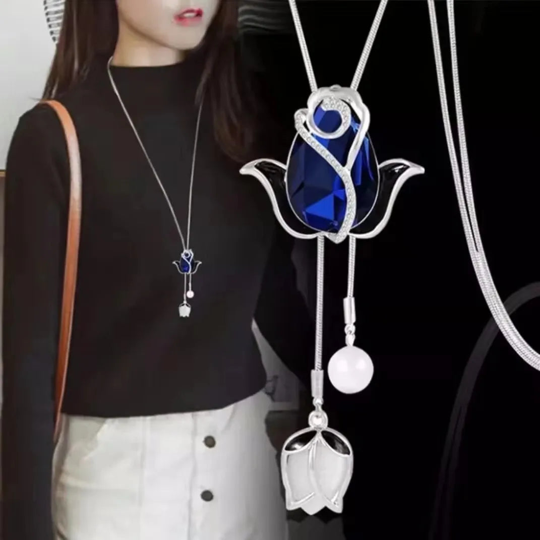Crystal Tulip Flower Long Necklaces & Pendants for Women 2024 Fashion Female Collier Femme Party Winter Jewelry