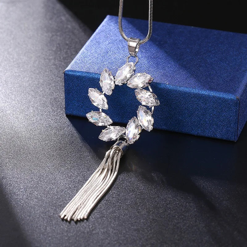 Fashion Zircon CZ Circle Women Necklace Long Necklaces & Pendants Geometric with Tassel Sweater Chain for Jewelry