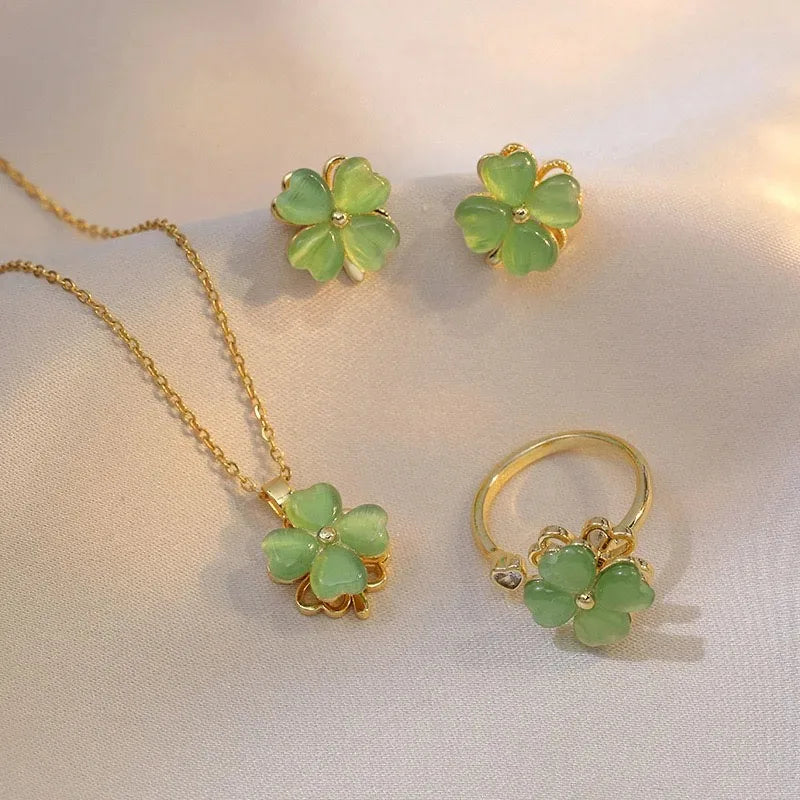 Stainless Steel Green Clover Necklace Earrings Ring for Women New Gold Color Zircon Opal Stone Jewelry Gift